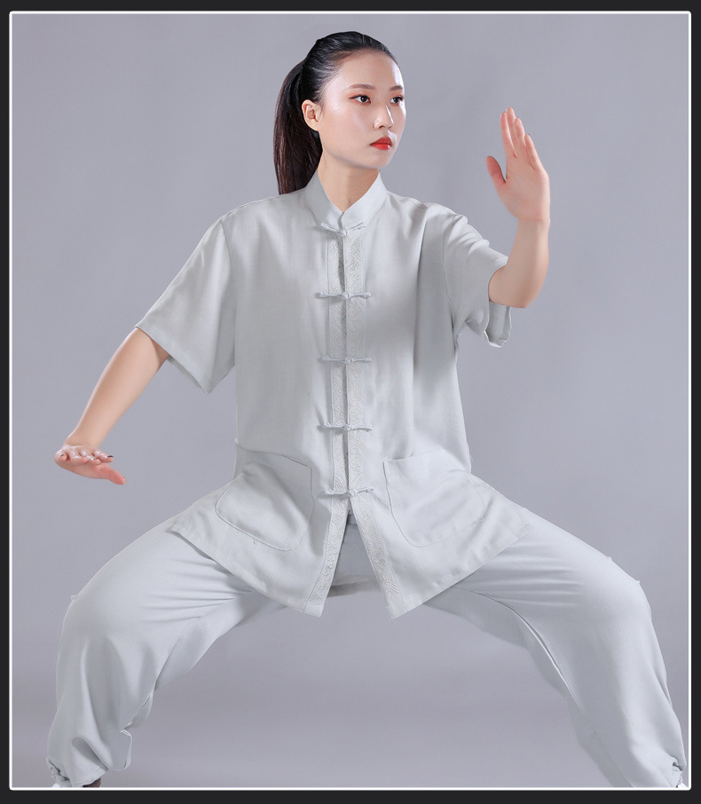 夏天短袖棉麻太极服女夏季刺绣中式太极服装太极拳练功服女武术服