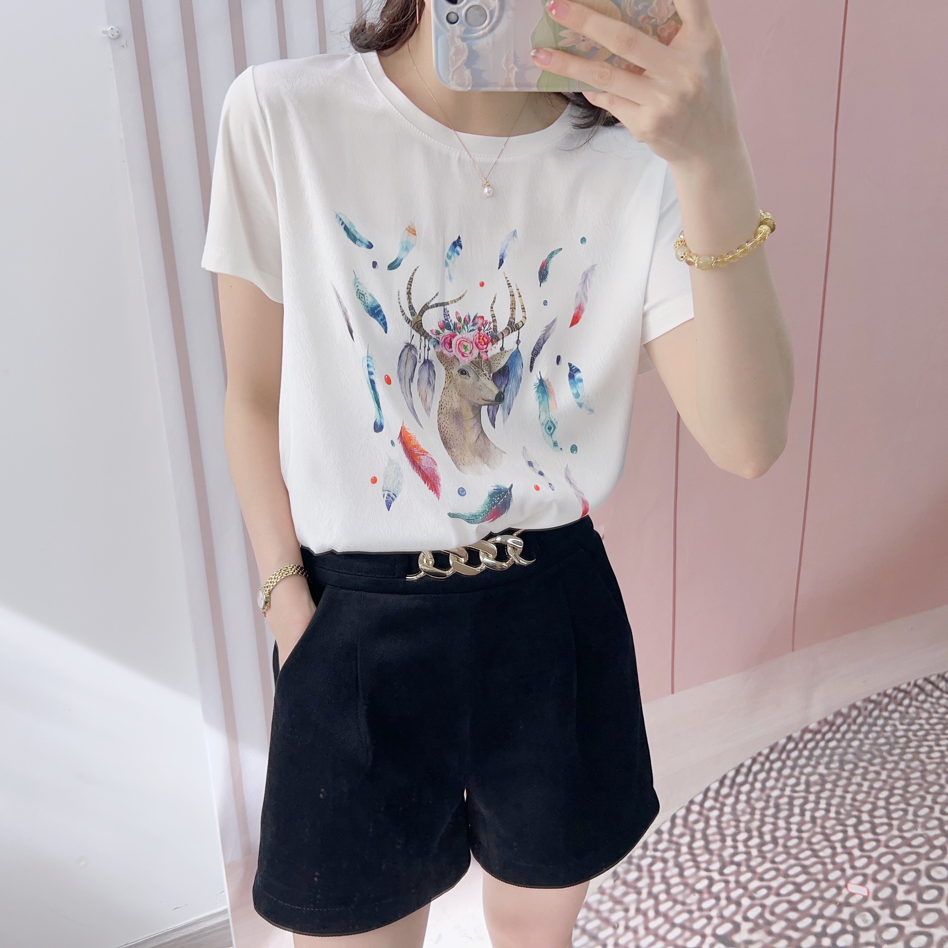 2023 Summer Brand Counter Chinese Style Women's Casual Korean Style All-Matching Printed Loose Short Sleeve T-shirt