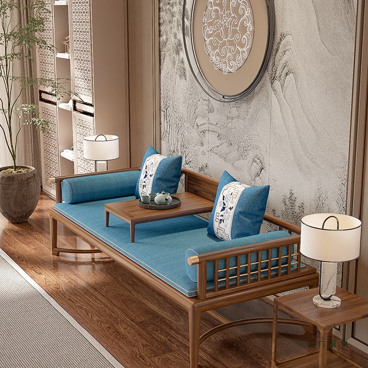 新中式罗汉床实木床榻客厅办公室推拉床书房茶室小户型简约三人位