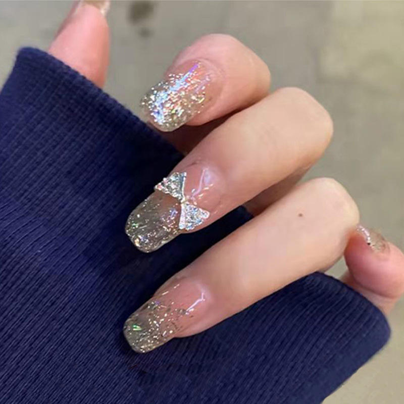 穿戴甲片闪钻蝴蝶美甲片假指甲片银色冰沙透明美甲片网红爆款甲片