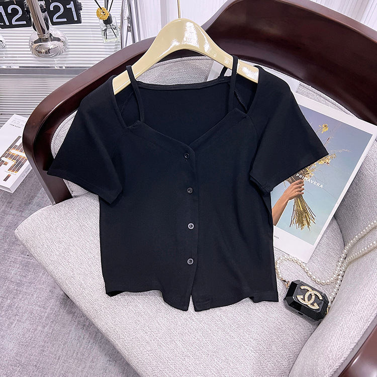 Short Sleeve Women's 2023 New Niche Design Short Summer T-shirt Cardigan off-Shoulder Slim Chic Top