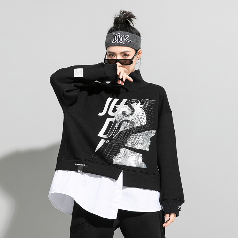 春秋冬欧美女装新款卫衣绒衫印花高领拼接假两件加绒t恤休闲外套