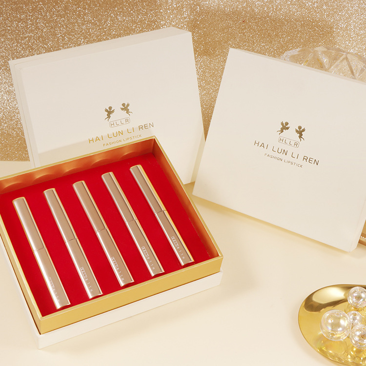 Qixi Valentine's Day Small Gold Bar Thin Tube Lipstick Gift Set Female Student Semi Matte Moisturizing Gift for Girlfriend