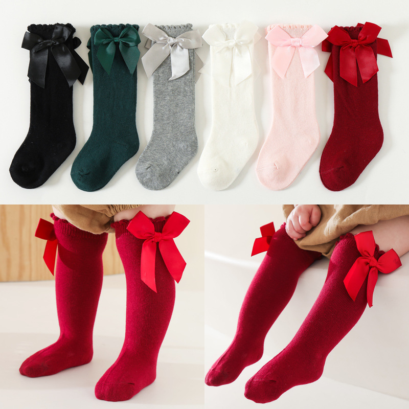 2023 Babies' Socks Spanish Baby Big Bow Dress Girls Student Princess Socks Long Tube Socks with Non-Binding Top