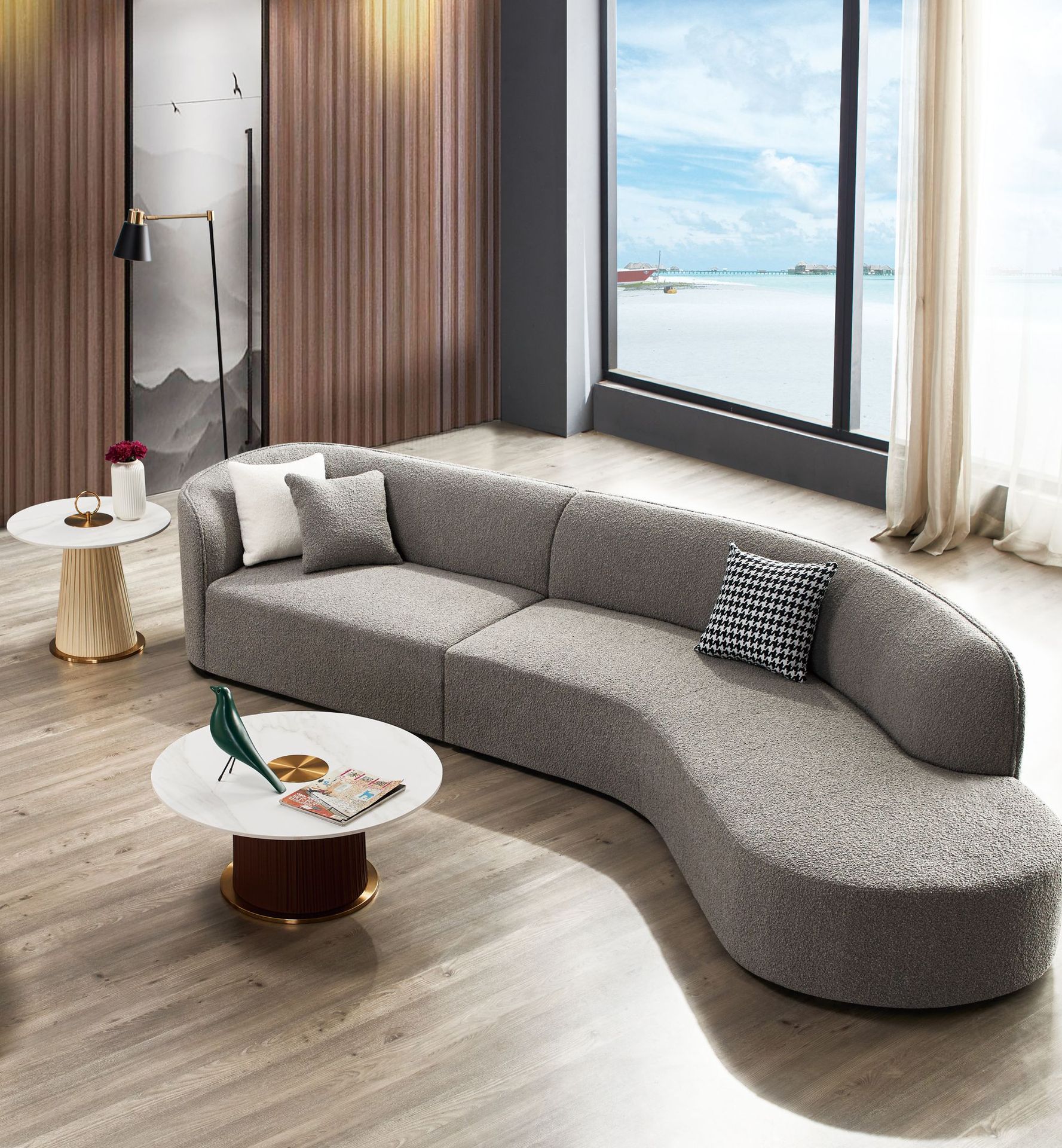 设计师款羊羔绒弧形沙发意式极简别墅异形简约科技布四人轻奢布艺