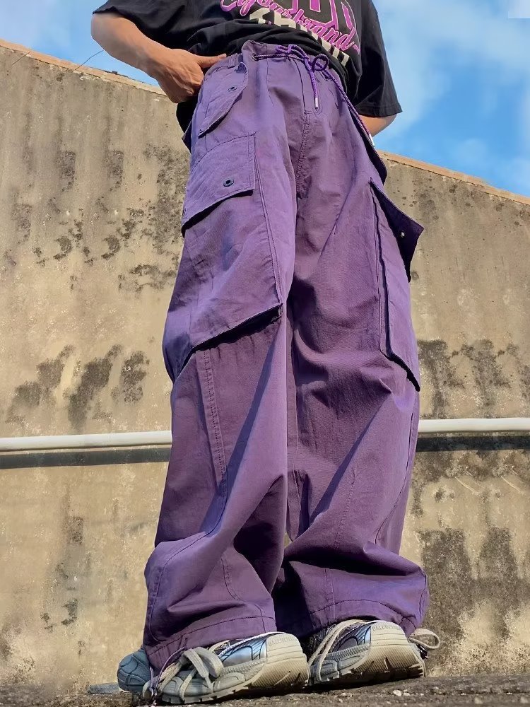 紫色工装裤子女秋冬新款高腰休闲阔腿显瘦高密棉美式欧美运动裤女