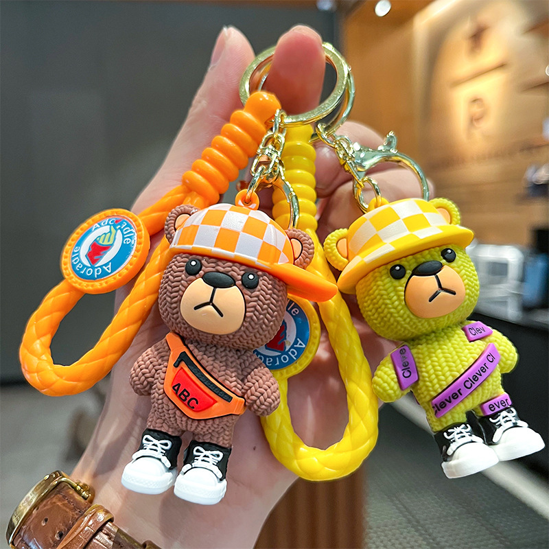 Cartoon Cute Fashion Knitted Bear Three-Dimensional Doll Car Keychain Pendant Ornaments Night Market Gift Wholesale