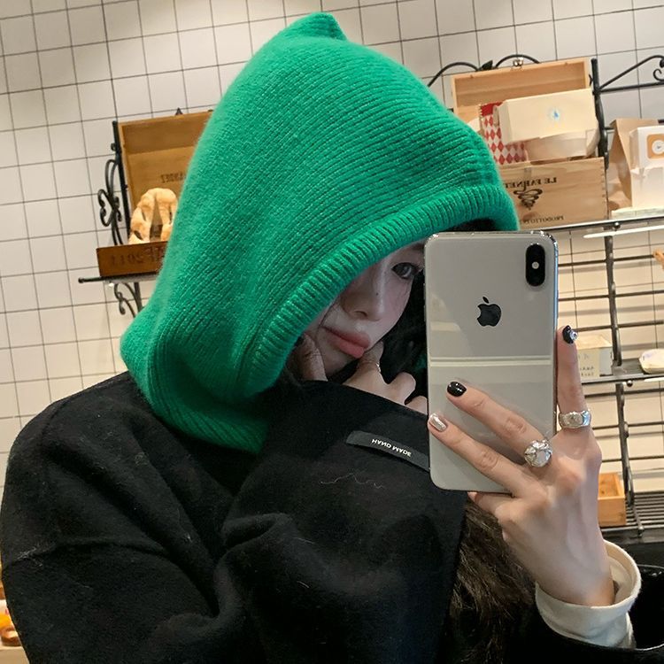 Winter Green Hat Scarf Integrated Knitted Hat Women's Winter Warm Balaclava Woolen Cap Men's Bandana