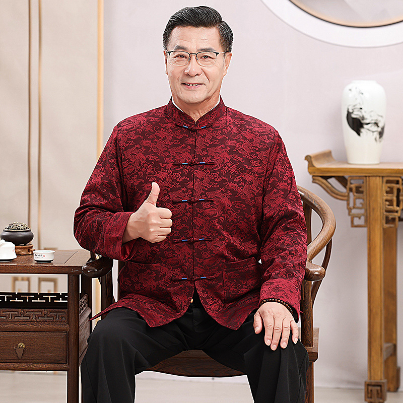 中式父亲婚礼服男士老人中国风爷爷生日唐装中老年过寿外套春秋款