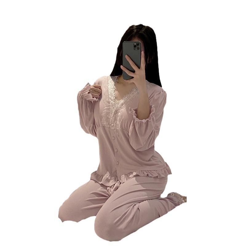 Women's Modal Pajamas with Chest Pad Lace Edge Spring and Summer New Pure Sexy High-Grade Long-Sleeved Homewear Suit