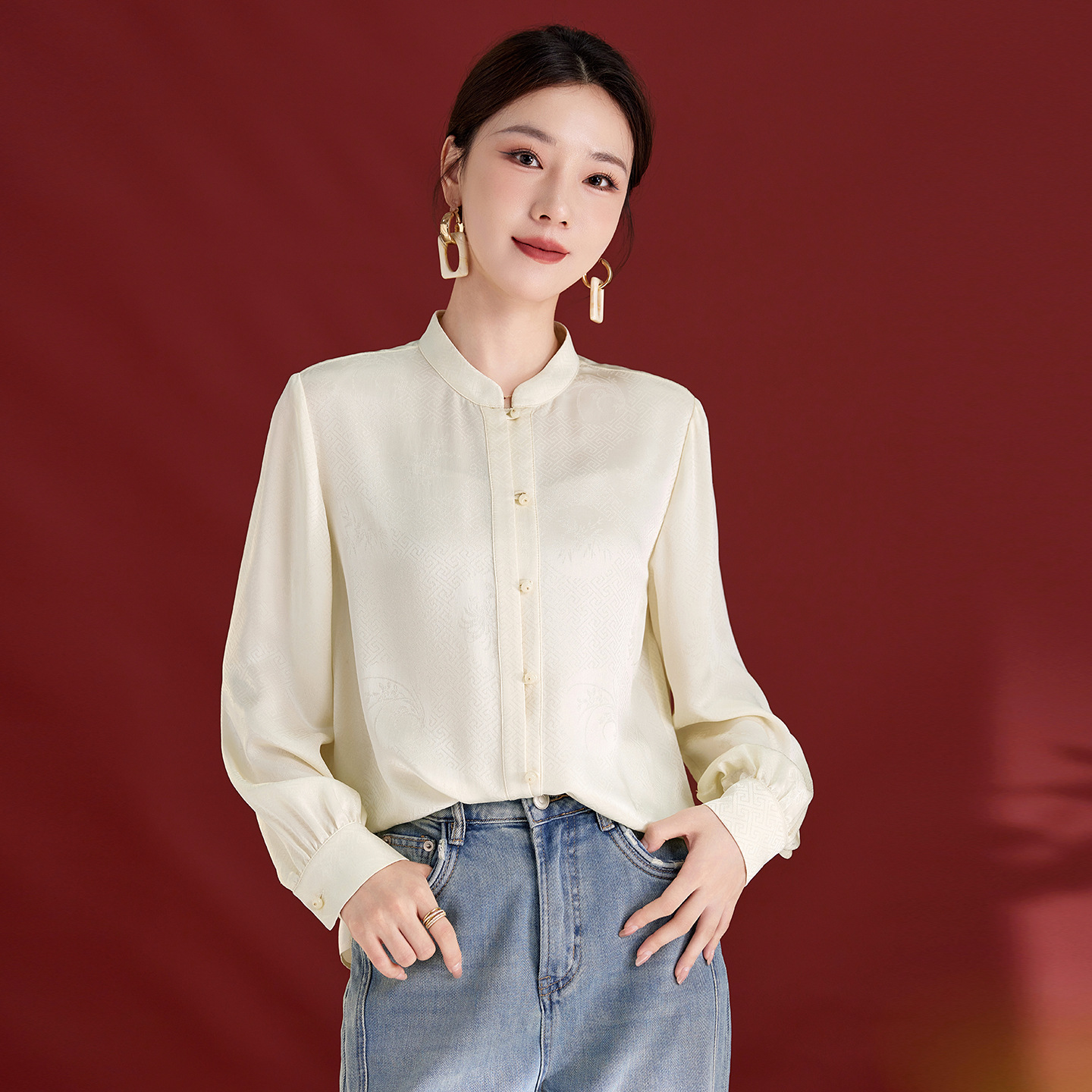 真丝桑蚕丝衬衫女2025秋季轻奢气质优雅法式长袖立领通勤上衣1775
