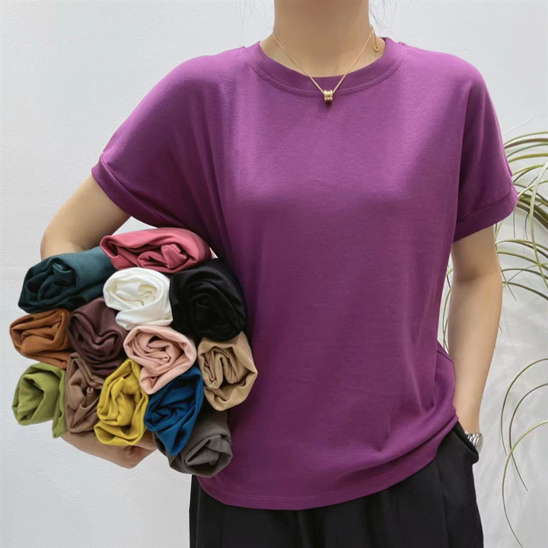 Loose Large Version Threaded Cotton round Neck Short Sleeve T-shirt Female 2023 High Elastic Bottoming Top Counter Quality Soft Glutinous Skin-Friendly