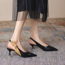 599-2 韩版拼色绑带高跟凉鞋女小众尖头单鞋女仙女风通勤细跟凉鞋