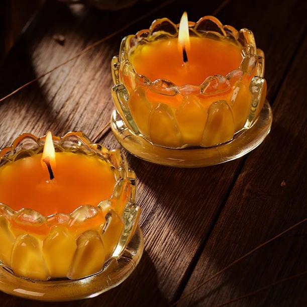 凹印酥油灯11小时莲花供佛灯玻璃杯平底莲花佛前供灯明德固体酥油