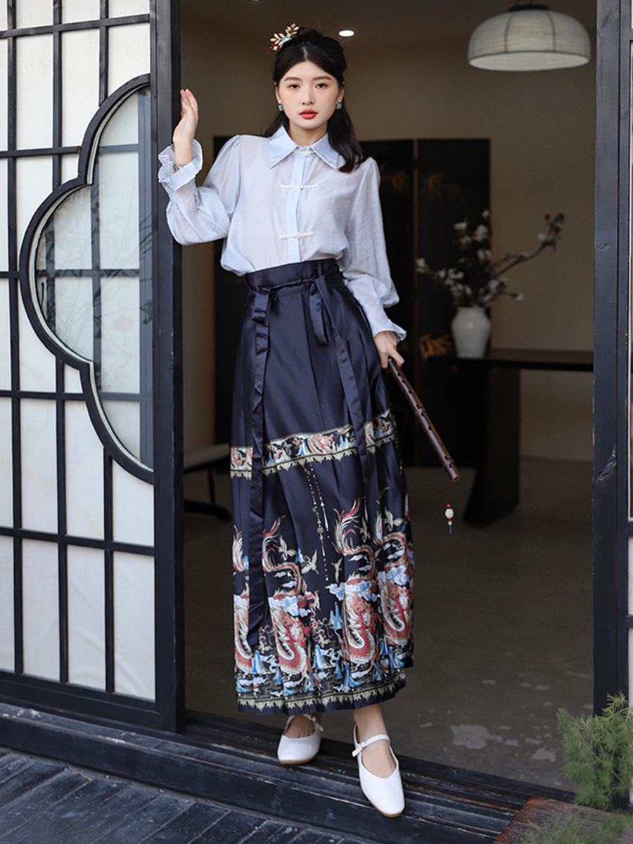 New Chinese Style Laid-Back Zen Skirt Women's Hanfu Improved Frog Buckle Top + Black Horse-Face Skirt Spring Suit