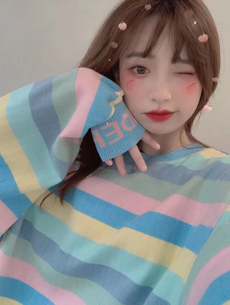 抖音爆款彩虹条卫衣女2021年秋冬新款网红宽松长袖套头上衣女潮hx