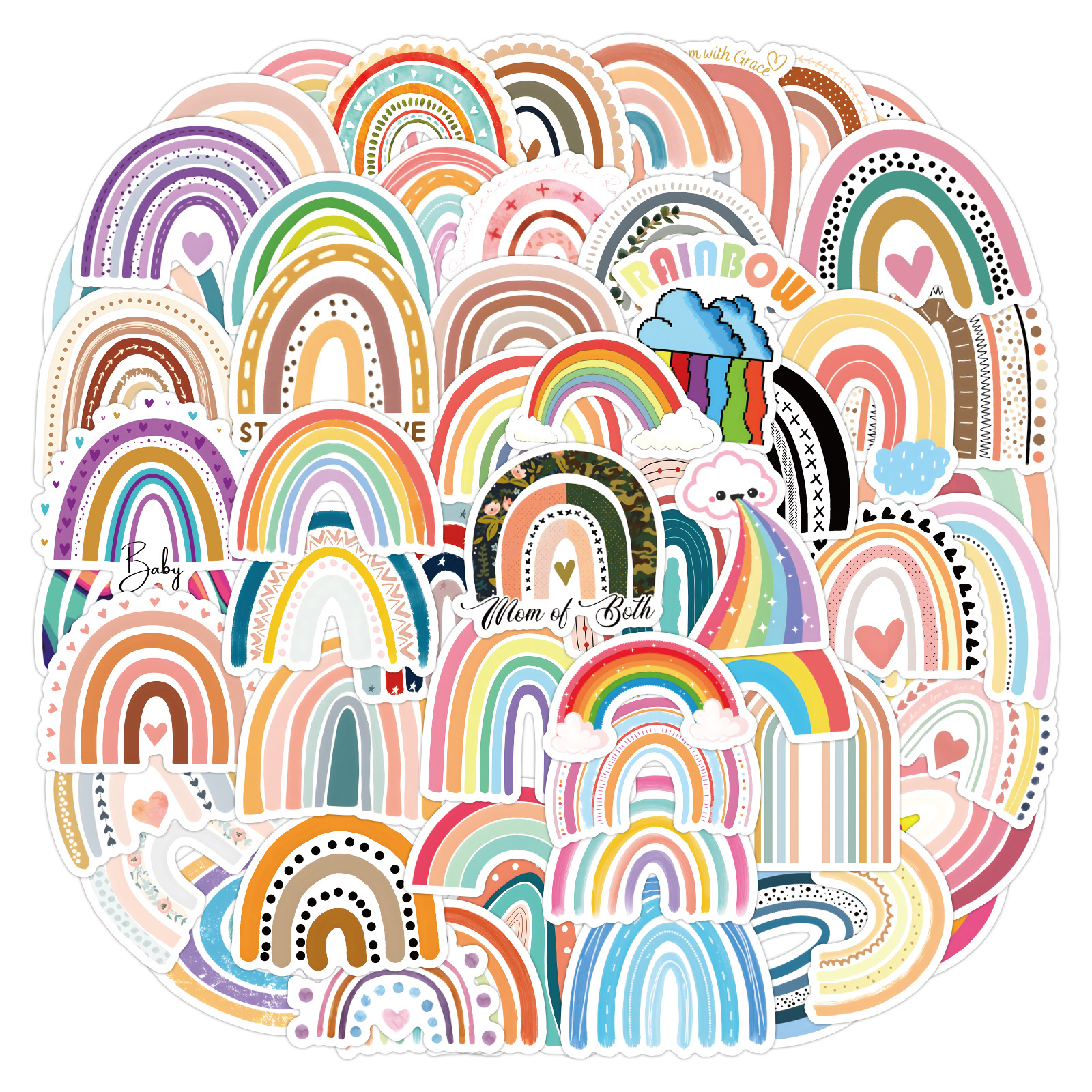 60张新款创意七色彩虹卡通涂鸦贴纸笔记本行李箱防水diy装饰贴纸