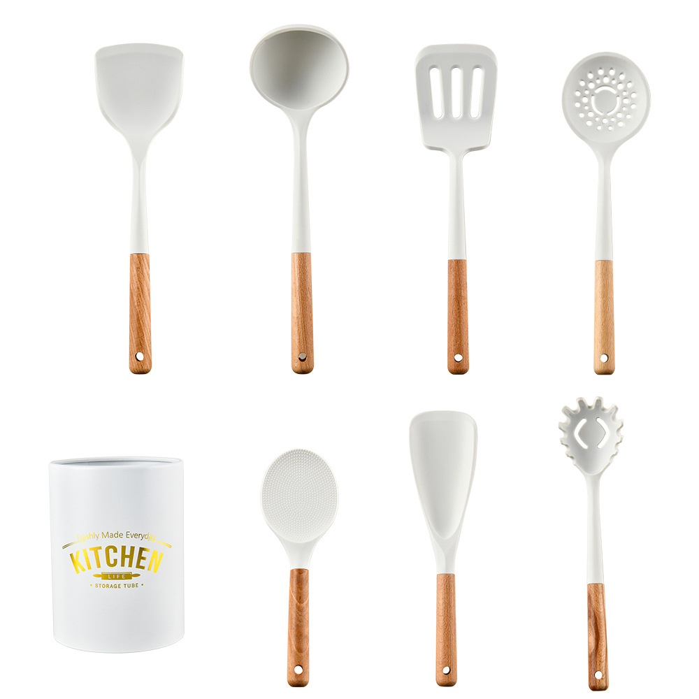 Wooden Handle White Silicone Kitchenware Set 12-Piece Set Nordic Instagram Style Simple Non-Scratch Pot Kitchen Tools Suit