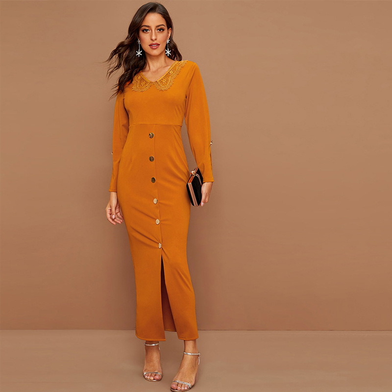 mxz-19时尚芭莎跨境欧美女装2023秋季新款村色气质优雅连衣裙