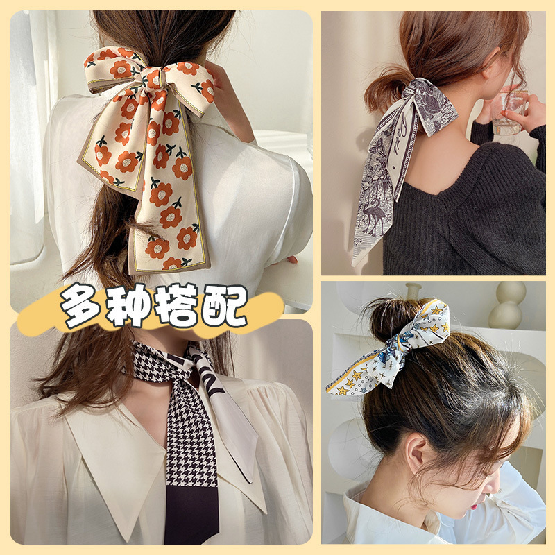 Silk Scarf Hair Band Female Hair Tie Vintage Bow Headband Ribbon Korean Ins Polyester Fabric Ribbon Hair Ring Hair Accessories