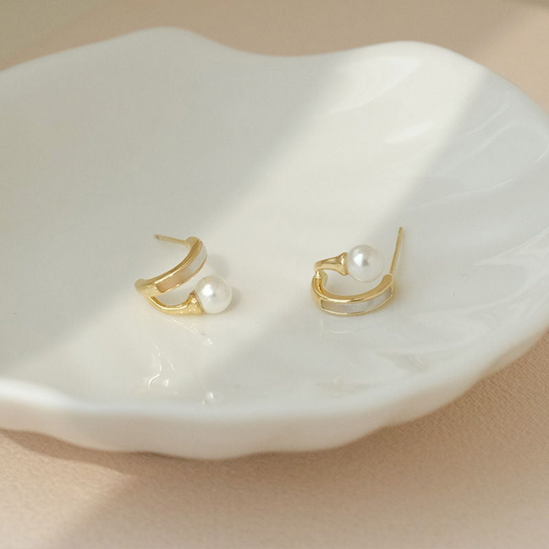 Sterling Silver Needle Korean-Style Elegant Earrings High-Grade Earrings Niche Pearl C- Shaped Simple Cold Style Pearl Earrings