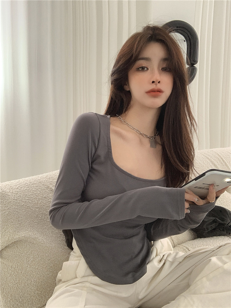 长袖打底衫女装秋冬休闲大u领上衣薄款学生修身内搭不规则少女t恤