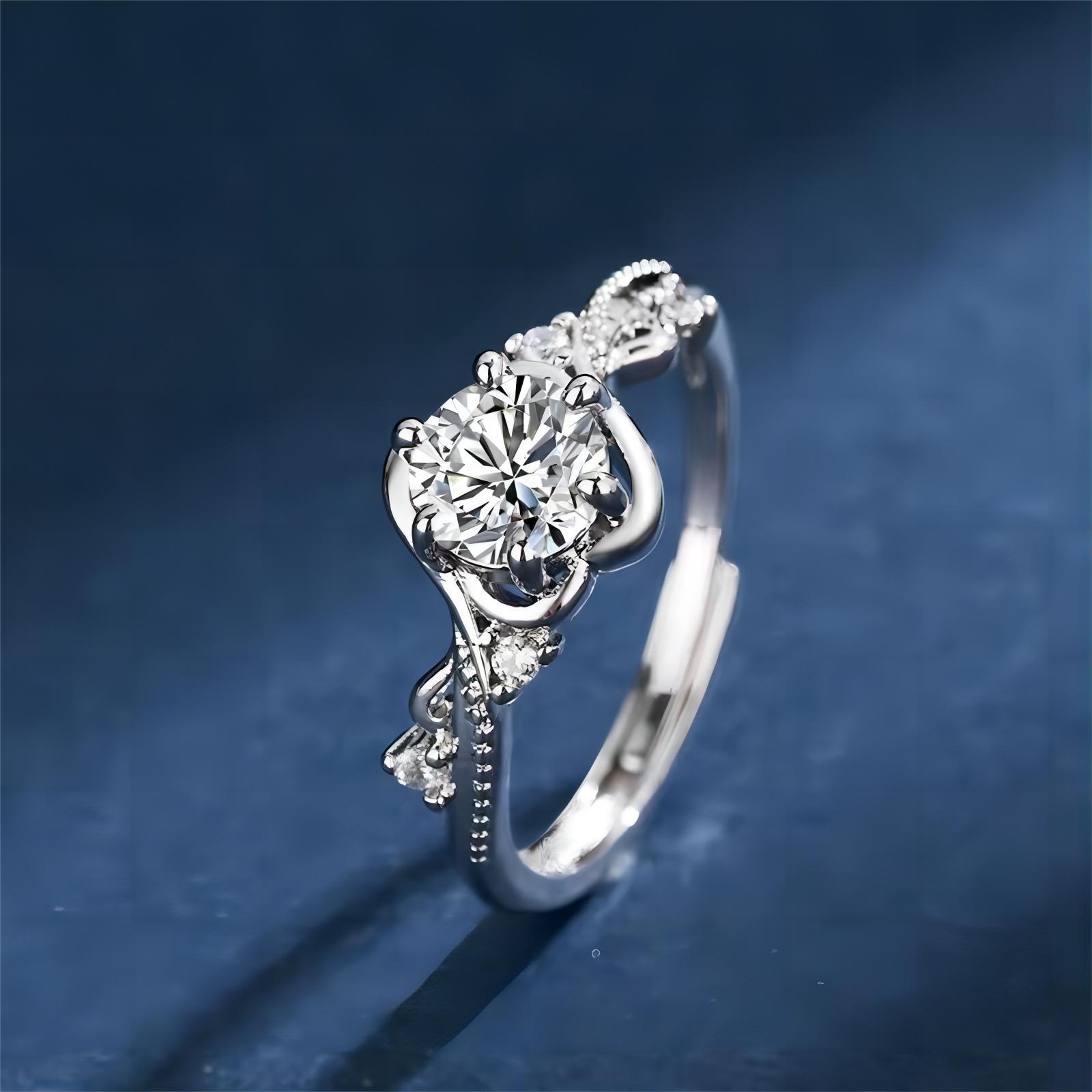 跨境热采轻奢钻戒女时尚经典六爪戒指莫桑钻一克拉婚戒可调节指环