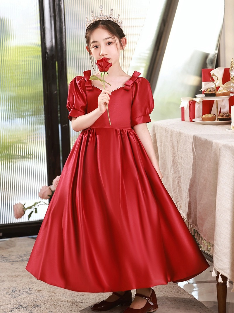 钢琴演奏礼服女童时尚主持人小提琴红色演出服儿童10岁生日公主裙