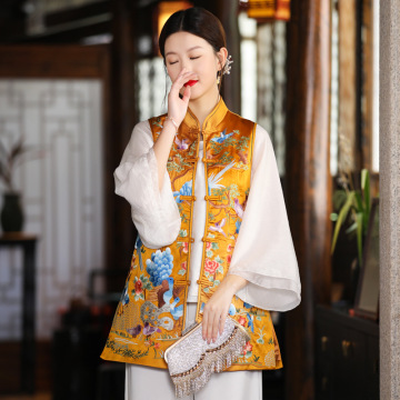 国风复古民族风刺绣中长款马甲女秋季外搭背心复古短款无袖上衣