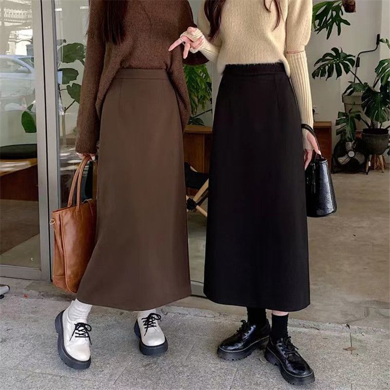 百搭毛呢半身裙女2024年春秋冬季新款开叉包臀中长裙显瘦直筒裙子