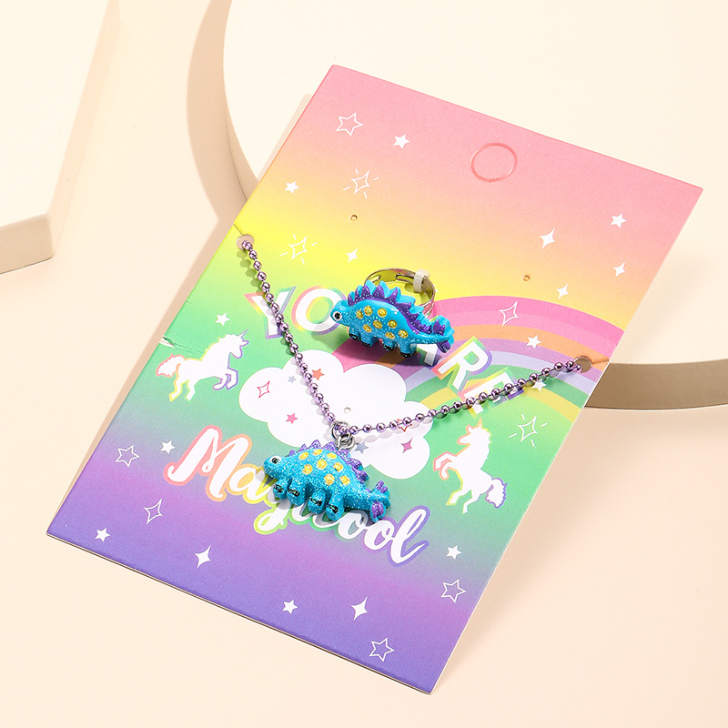 Cross-Border Colorful Unicorn Children's Ornaments Cartoon Girl Necklace Ring Suit Fashion Alloy Dripping Oil Necklace