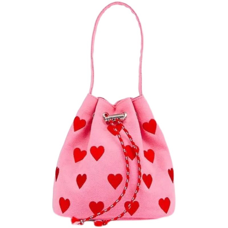 Korean Style Embroidery Love Pull-Belt Pink Handbag for Women 2024 Spring and Summer New Shoulder Crossbody Mini Bucket Bag