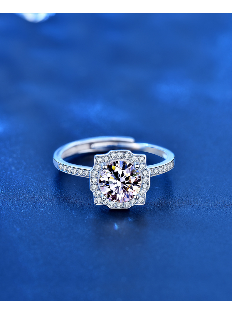 s925银一克拉莫桑石仿真钻方形戒指欧美女款活口四爪钻戒直播批发