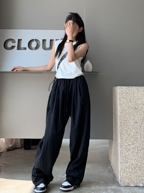 Real Shot Loose All-Match Sports Bottoming Vest + Drawstring Quick-Drying Sports Casual High Waist Wide Leg Pants for Women 50793