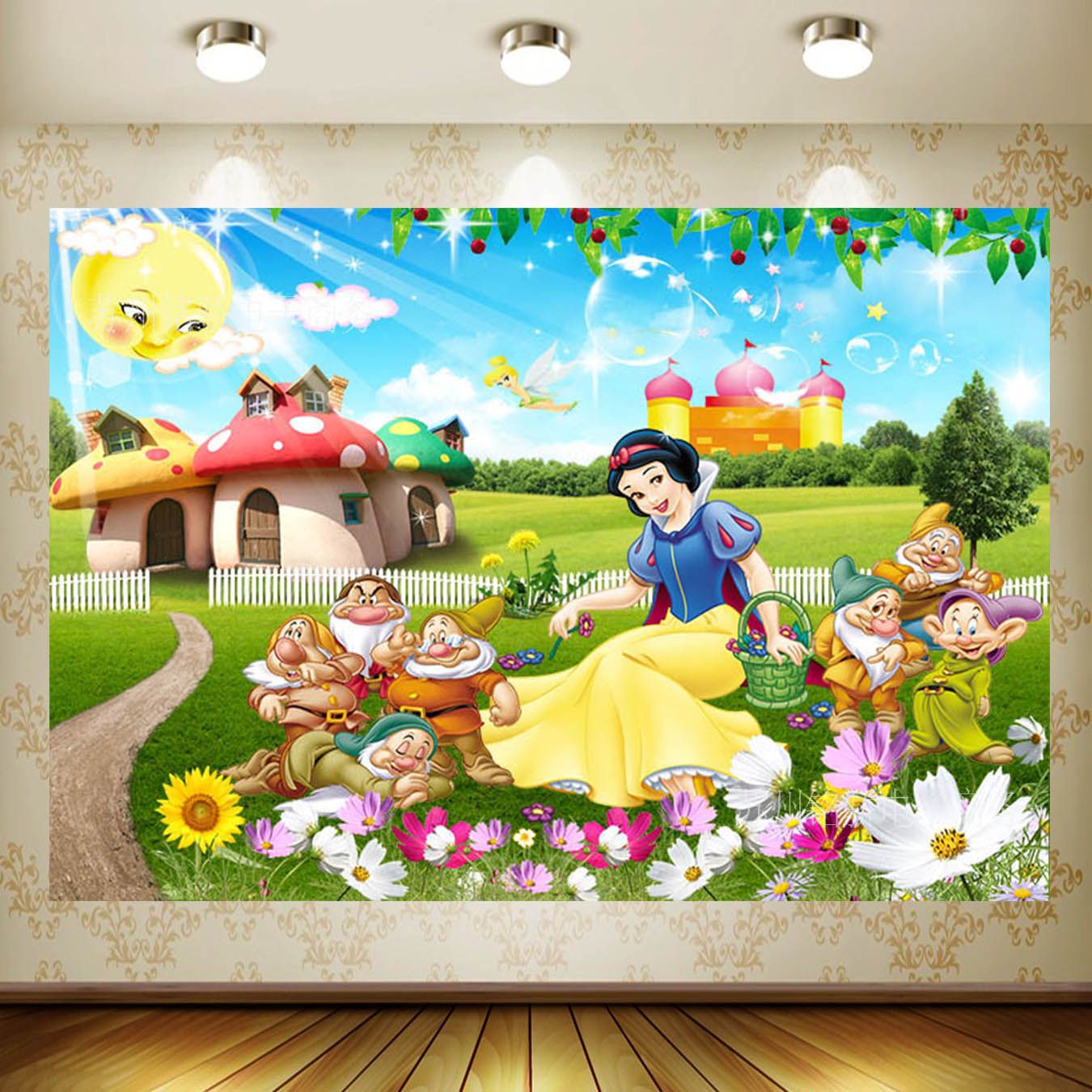 亚马逊新款白雪公主生日主题蓝天白云场景布置装饰横幅拍照背景布