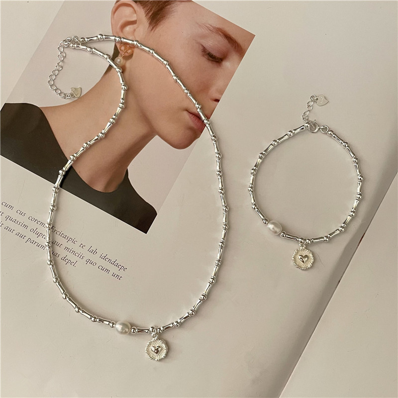 s925 sterling silver korean handmade bamboo heart-shaped pearl bracelet necklace set korean style ins wind jewelry