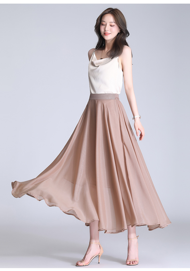 纯色松紧腰半身裙夏季长裙拼接雪纺清新甜美大摆裙休闲绿色半裙