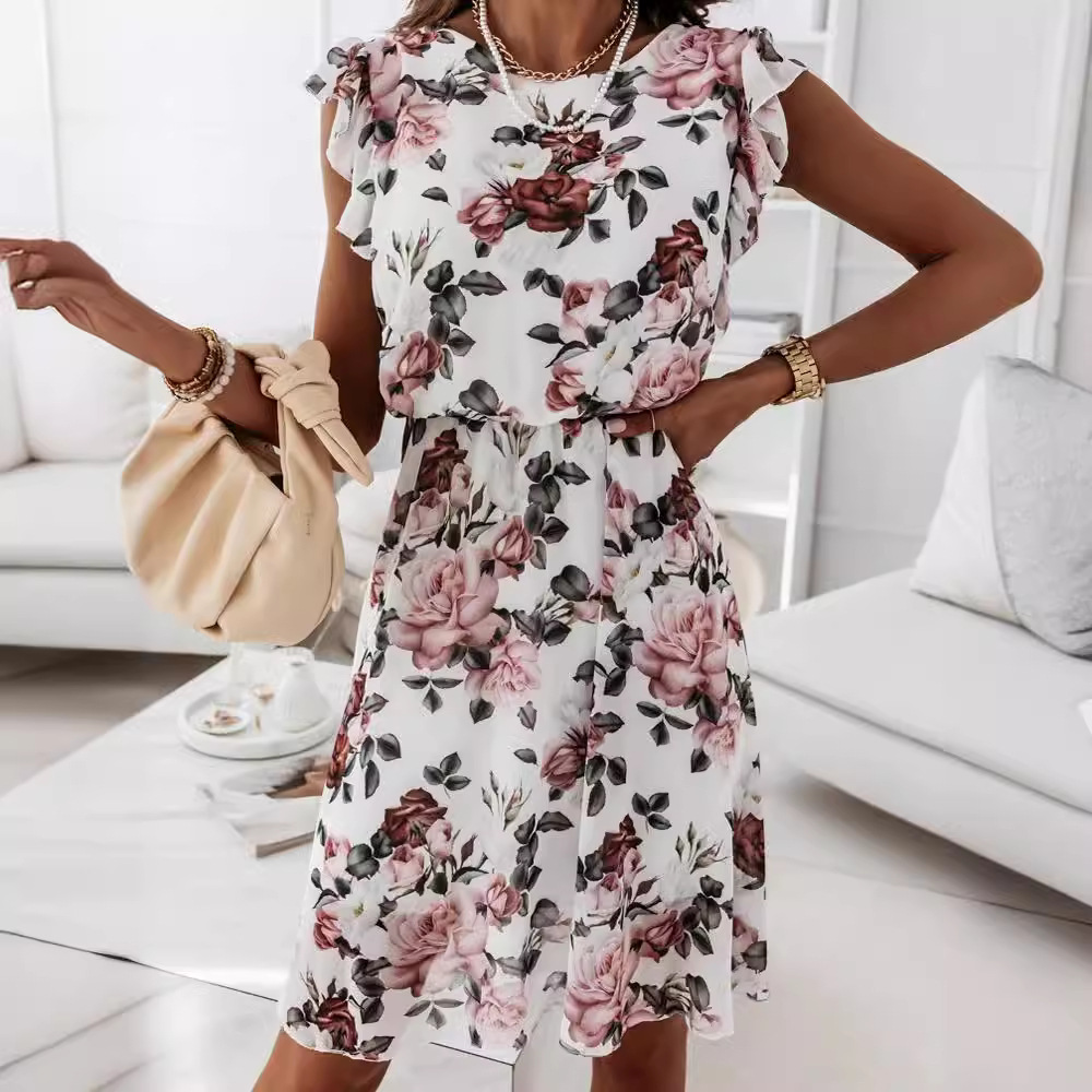2024 Independent Station Wish Amazon Ebay Summer New Ruffled Short Sleeves Chiffon Printed Dress Women Clothes