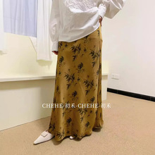 [初禾]  新中式竹纹印花肌理感半身裙 气质高腰缎面国风半裙1020