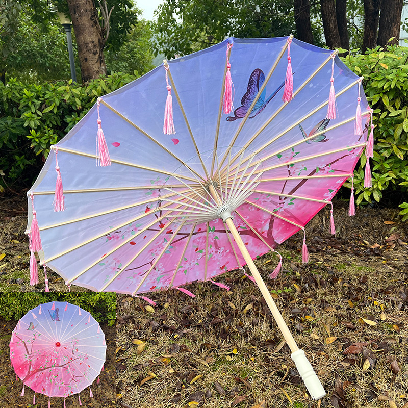 Printed Silk Tassel Umbrella Chinese Style Hanfu Ancient Costume Photography Props Umbrella Classical Oil Paper Umbrella Fairy Sun Protection Tassel Umbrella