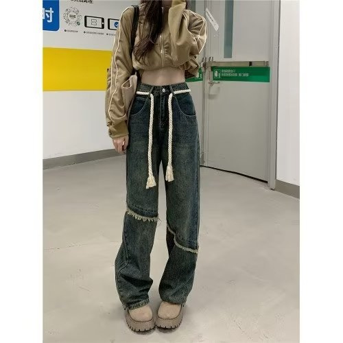 American Retro Lazy Style Jeans for Women 2023 Spring and Autumn New Straight Pants Loose Slim-Fit Wide-Leg Pants Tide