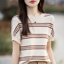 纯棉短袖t恤女圆领夏季新款条纹宽松针织上衣拼接撞色打底衫半袖