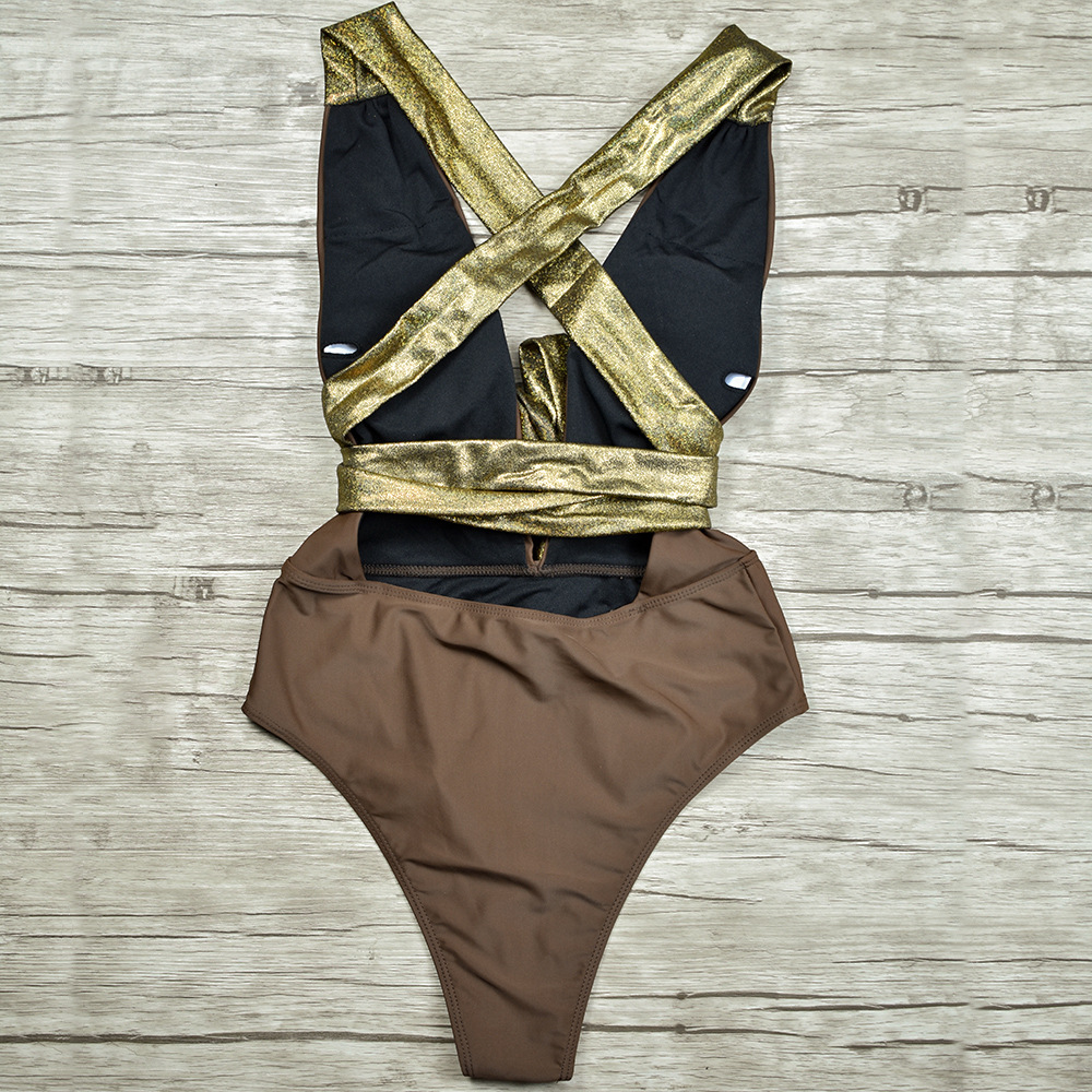 欧美新款女士三角连体绑带游泳衣跨境性感露背一体式比基尼bikini