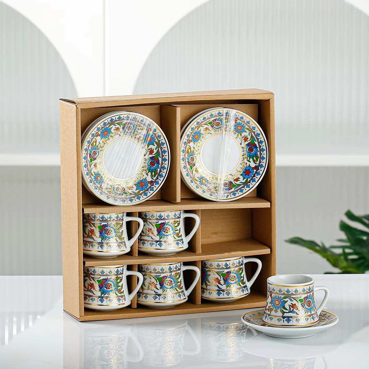 New European-Style Ceramic Coffee Cup Set Cross-Border Middle East Bronzing Coffee Cup 6 Cups 6 Plates Gift Afternoon Tea Cup