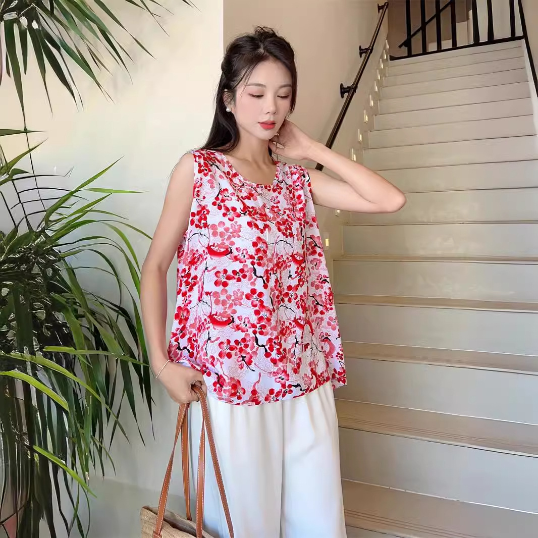 人造棉绸背心女无袖上衣海边度假外穿打底碎花小衫短款睡衣夏2024