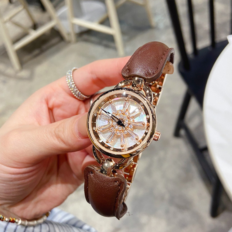 旋转雪花皮包钢镶钻时来运转女士手表抖音直播爆款手表女-阿里巴巴