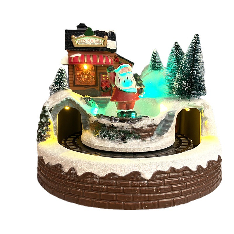 Santa Claus Luminous Music Small House Decoration Christmas Tree Rotating Train Snow Snow House Christmas Decorations