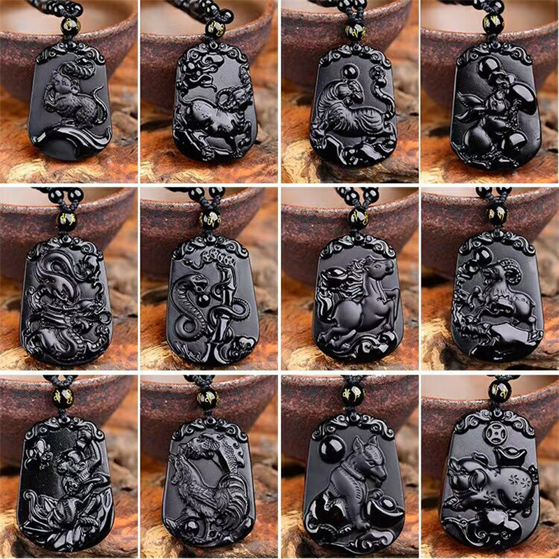 磨砂黑曜石十二生肖吊坠新款属相挂坠项链男女款立体雕刻栩栩如生