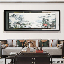新中式客厅沙发背景墙装饰画大气横版山水画刺绣画办公室挂画苏绣