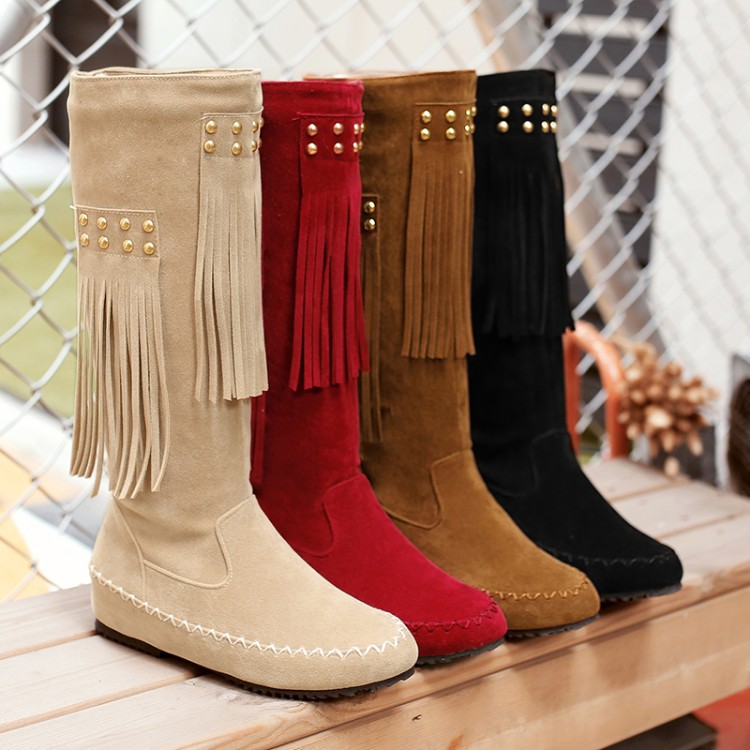 高筒流苏靴平底套筒靴23新款外贸红色女式靴单独立跨境44 45码